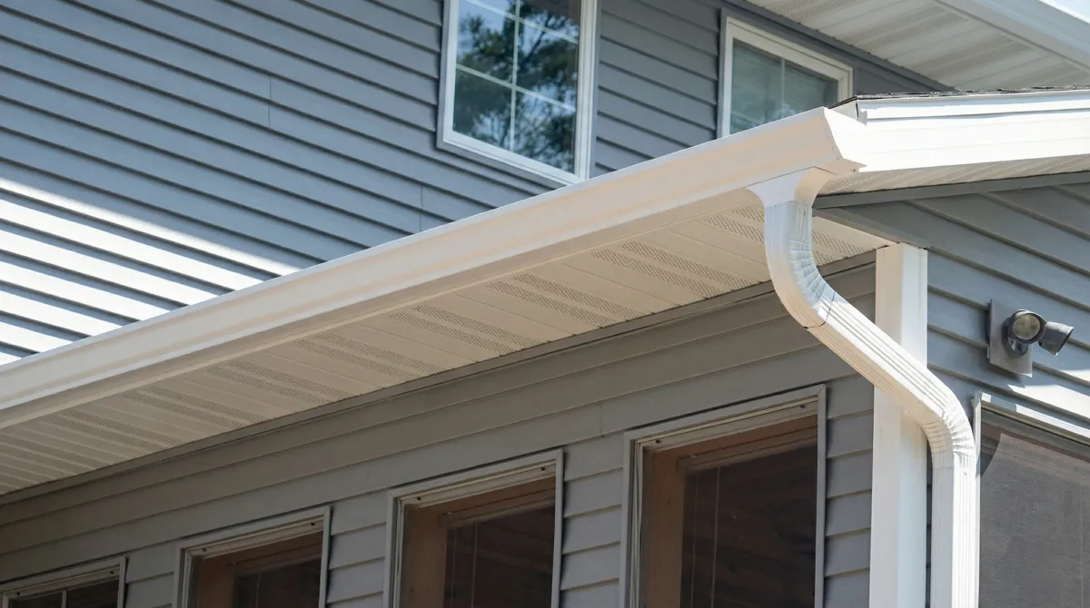 Professional home remodeling project showing newly installed white seamless gutters and downspouts on a house with gray siding in Long Beach, CA