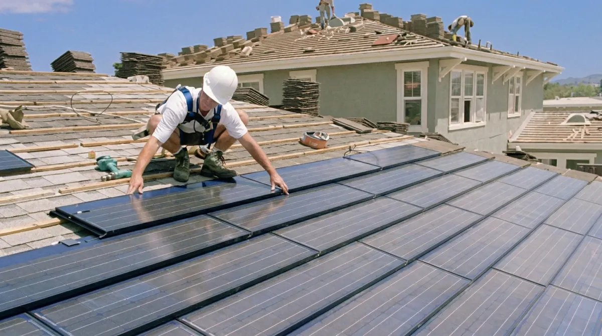 Roof replacement expert installing modern solar shingles on a residential home in Long Beach, CA