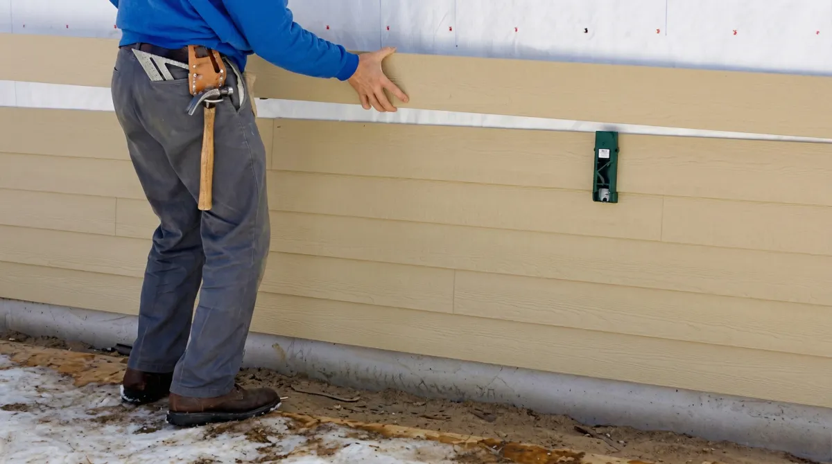 Siding replacement expert carefully aligning a new tan siding panel onto a residential exterior wall in Long Beach, CA