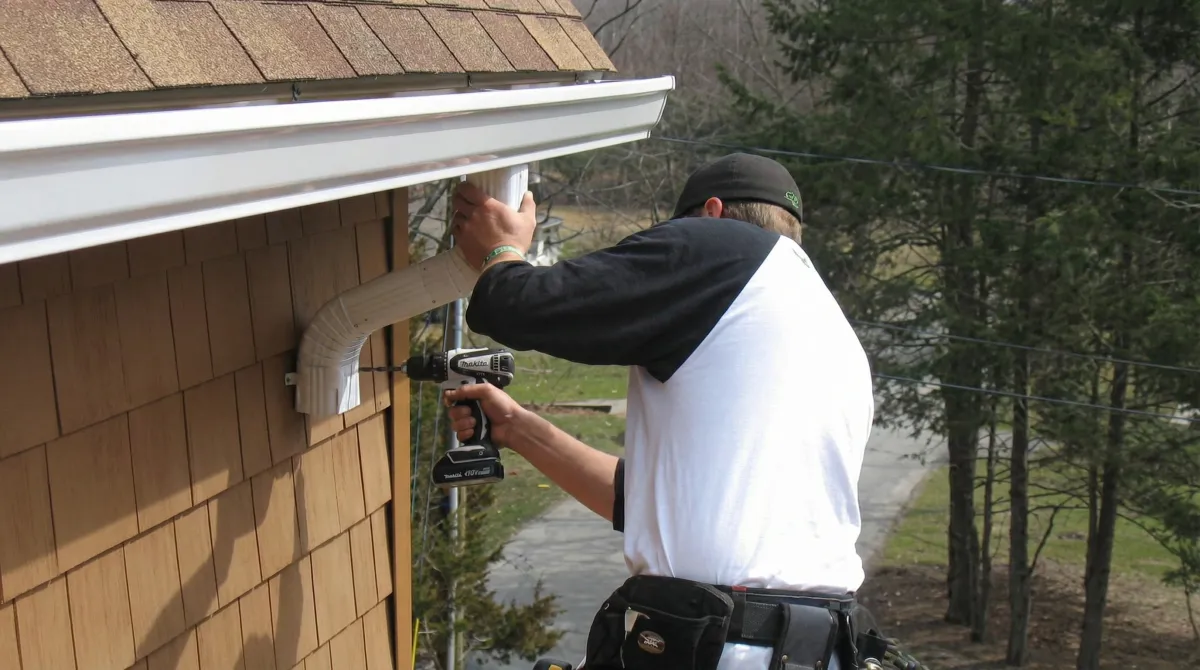 Professional contractor installing tan vinyl siding panels on a residential home exterior in Long Beach, CA