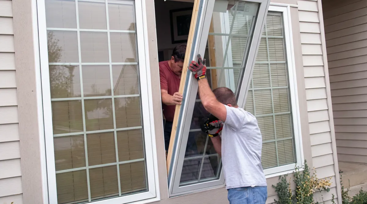 Professional home remodeling team installing a large replacement window on a house with tan siding in Long Beach, CA